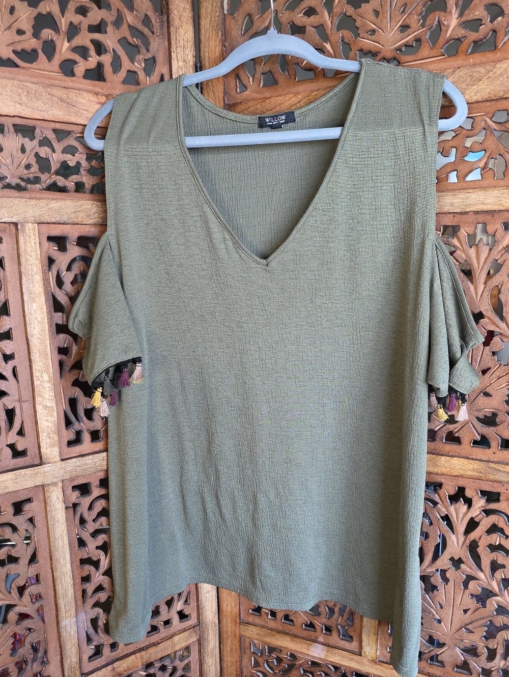 Willow Olive Green V-Neck Cold-Shoulder Tank with Tassel Trim